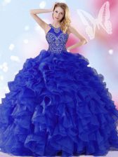Shining Organza Halter Top Sleeveless Lace Up Beading and Ruffles Ball Gown Prom Dress in Royal Blue