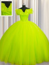  Off The Shoulder Ruching Quinceanera Gowns Yellow Green Lace Up Short Sleeves With Train Court Train