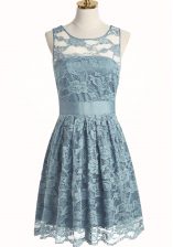 Edgy A-line Dress for Prom Light Blue Scoop Lace Sleeveless Knee Length Zipper