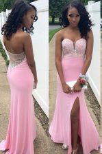 Super Mermaid Rose Pink Sleeveless Floor Length Beading Backless Prom Gown