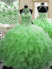 Flare Tulle Lace Up Halter Top Sleeveless Floor Length Ball Gown Prom Dress Beading and Ruffles