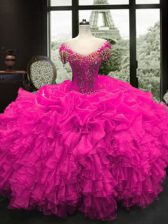 Classical Fuchsia Lace Up Sweetheart Beading and Ruffles 15 Quinceanera Dress Organza Cap Sleeves