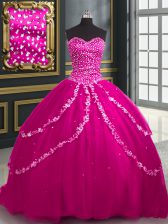 Sexy Sweetheart Sleeveless Quinceanera Dresses With Brush Train Beading and Appliques Fuchsia Tulle