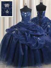 Dynamic Navy Blue Lace Up Sweetheart Appliques and Pick Ups Sweet 16 Dress Organza Sleeveless