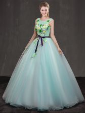  Scoop Appliques Quinceanera Gowns Apple Green Lace Up Sleeveless Floor Length