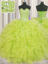 Delicate Visible Boning Sweetheart Sleeveless Vestidos de Quinceanera Floor Length Beading and Ruffles Yellow Green Organza