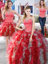 Affordable Three Piece White and Red Sweetheart Lace Up Beading Quince Ball Gowns Sleeveless