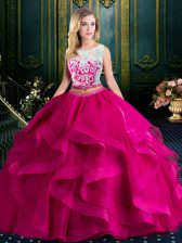 Scoop With Train Lace Up Sweet 16 Dress Fuchsia for Military Ball and Sweet 16 and Quinceanera with Lace and Ruffles Brush Train