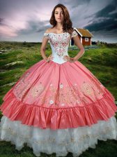  Ruffled Off The Shoulder Sleeveless Lace Up Quince Ball Gowns Watermelon Red Organza and Taffeta