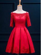 Customized Red Lace Up Off The Shoulder Appliques and Pleated Prom Evening Gown Satin Half Sleeves