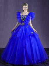  Royal Blue Ball Gowns Organza Sweetheart Sleeveless Appliques and Ruffles Floor Length Lace Up Ball Gown Prom Dress