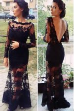 Beauteous Scalloped Floor Length Black Prom Dress Organza Long Sleeves Lace