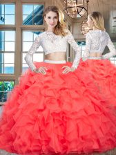  Red Scoop Neckline Beading and Lace and Ruffles Ball Gown Prom Dress Long Sleeves Zipper