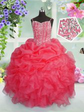 Exquisite Pick Ups Spaghetti Straps Sleeveless Lace Up Kids Pageant Dress Rose Pink Organza