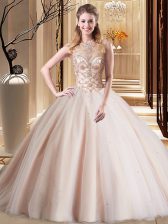  Scoop Peach Sleeveless Brush Train Beading 15 Quinceanera Dress