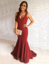  Burgundy Mermaid Elastic Woven Satin Scoop Sleeveless Ruching Zipper Prom Party Dress Brush Train
