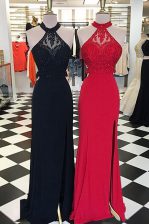 Fitting Scoop Black Elastic Woven Satin Backless Prom Gown Sleeveless With Train Sweep Train Beading and Lace