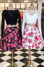 Glorious Bateau Long Sleeves Prom Gown Knee Length Lace and Pattern Multi-color Lace