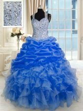  Pick Ups Straps Sleeveless Zipper Sweet 16 Dress Royal Blue Organza