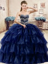  Navy Blue Organza Lace Up 15 Quinceanera Dress Sleeveless Floor Length Ruffled Layers