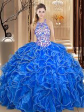  Scoop Sleeveless Organza Floor Length Backless Quince Ball Gowns in Royal Blue with Embroidery and Ruffles