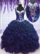 Charming Straps Navy Blue Tulle Zipper Quince Ball Gowns Sleeveless Floor Length Beading and Ruffles