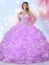 Nice Fabric With Rolling Flowers Sweetheart Sleeveless Lace Up Beading Sweet 16 Quinceanera Dress in Lavender