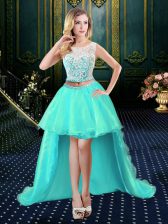 Dramatic Aqua Blue Organza Clasp Handle Scoop Sleeveless High Low Evening Dress Lace
