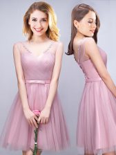 Elegant Pink A-line Ruching and Bowknot Dama Dress Lace Up Tulle Sleeveless Mini Length