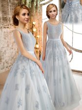  A-line Grey Scoop Tulle Sleeveless Floor Length Lace Up
