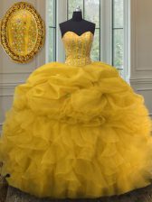  Sweetheart Sleeveless Quinceanera Gown Floor Length Beading and Ruffles and Pick Ups Gold Organza