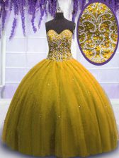 Custom Fit Sweetheart Sleeveless Quinceanera Dresses Floor Length Beading Olive Green Tulle