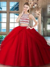 Best Selling Scoop Sleeveless Tulle Floor Length Backless Quinceanera Dress in Red with Beading and Pick Ups