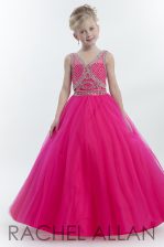 Sweet Floor Length Hot Pink Girls Pageant Dresses Tulle Sleeveless Beading
