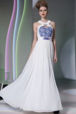 Spectacular White Halter Top Neckline Beading and Embroidery Prom Evening Gown Sleeveless Zipper