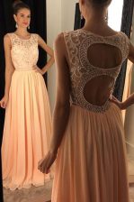 Elegant Scoop Floor Length Backless Homecoming Dress Peach for Prom and Party with Beading and Lace