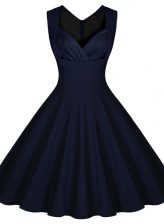  Navy Blue Satin Zipper Sweetheart Sleeveless Knee Length Ruching