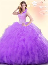  Lavender Backless High-neck Beading and Ruffles Sweet 16 Dresses Tulle Sleeveless