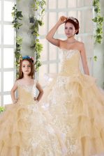Gorgeous Ruffled Floor Length Ball Gowns Sleeveless Champagne Quinceanera Gown Lace Up