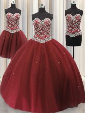  Three Piece Sleeveless Floor Length Beading and Sequins Lace Up Quinceanera Gown with Burgundy