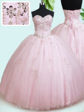 Sophisticated Sleeveless Tulle Floor Length Lace Up Quinceanera Dress in Baby Pink with Beading