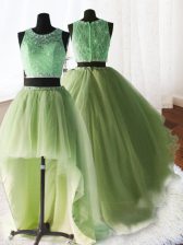  Three Piece Scoop Beading and Lace and Ruffles Quinceanera Gowns Yellow Green Zipper Sleeveless With Brush Train