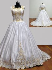  White Square Zipper Embroidery Ball Gown Prom Dress Brush Train Sleeveless