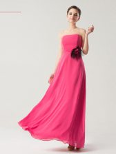  Floor Length Hot Pink Evening Dress Chiffon Sleeveless Hand Made Flower
