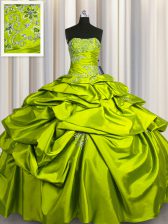 High Class Taffeta Strapless Sleeveless Lace Up Beading and Pick Ups 15th Birthday Dress in Olive Green
