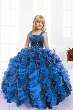 Graceful Beading and Ruffles Little Girl Pageant Dress Royal Blue Lace Up Sleeveless Floor Length