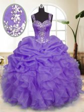 New Style Organza Straps Sleeveless Zipper Beading and Ruffles and Pick Ups Quinceanera Gowns in Lavender
