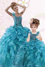 Sumptuous Teal One Shoulder Neckline Beading and Ruffles 15th Birthday Dress Sleeveless Lace Up
