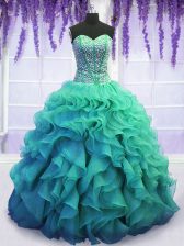 Amazing Sleeveless Floor Length Beading and Ruffles Lace Up Sweet 16 Dress with Turquoise