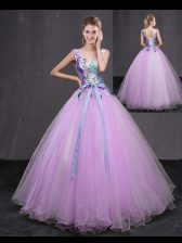 Glittering Lilac Sweet 16 Quinceanera Dress Military Ball and Sweet 16 and Quinceanera with Appliques and Belt V-neck Sleeveless Lace Up